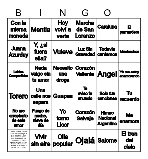 Bingo Musical Bingo Card