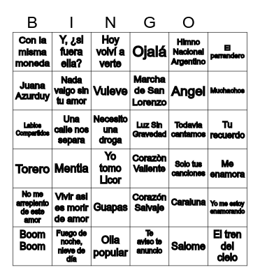 Bingo Musical Bingo Card