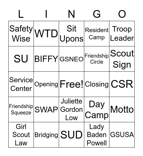 Girl Scout Lingo Bingo Card