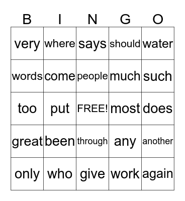 Sight Word Bingo Card