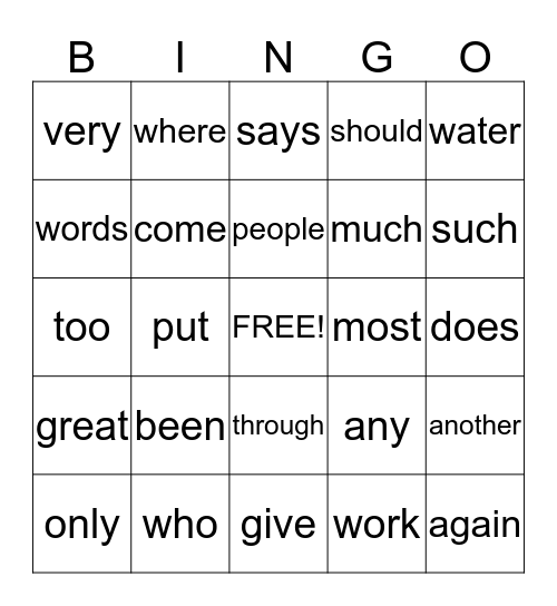 Sight Word Bingo Card