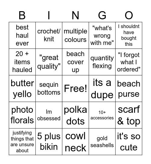 Shein Bingo Card