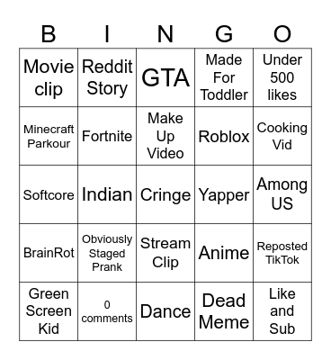 Youtube shorts bingo Card