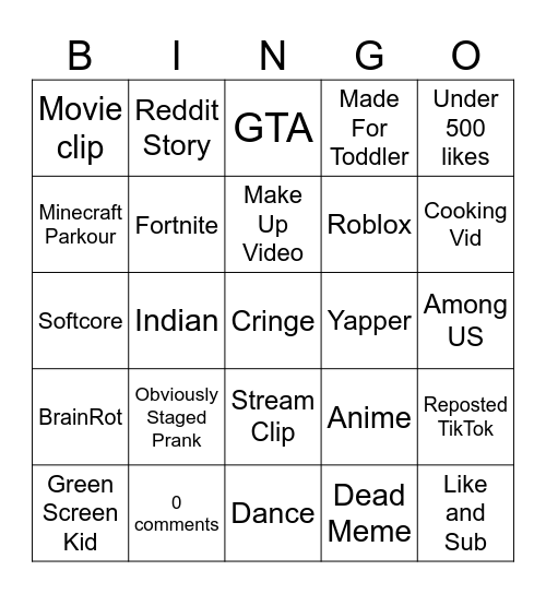 Youtube shorts bingo Card