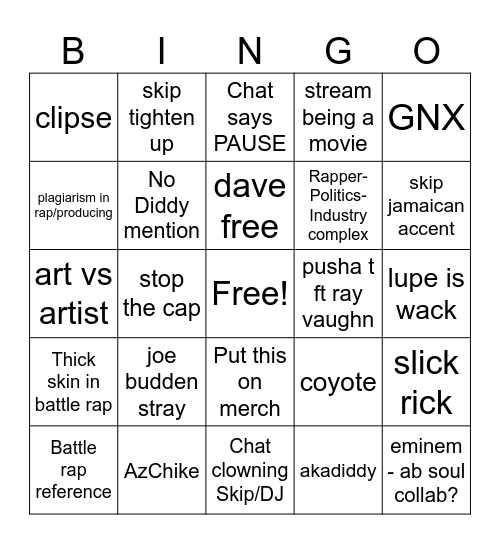 6/21 Stream Bingo Card