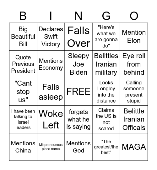Trumps address 6-21-2025 Bingo Card
