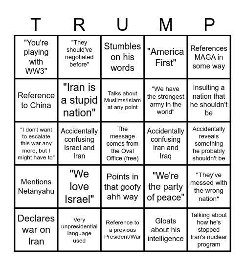 Trump Address Bingo Card