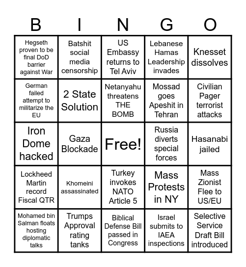 Israel/Iran War Bingo Card