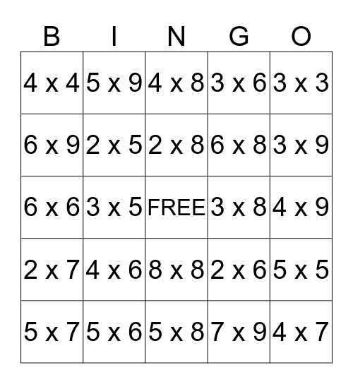 Multiplication Bingo (2-9s facts) Bingo Card