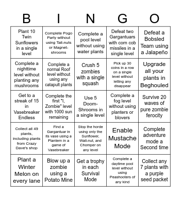 Plants vs Zombies bingo Card