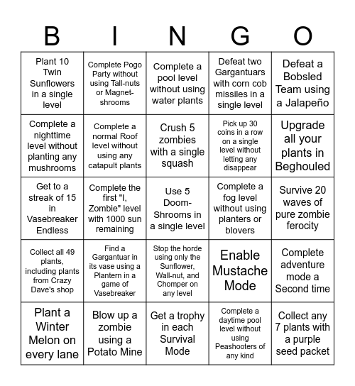 Plants vs Zombies bingo Card