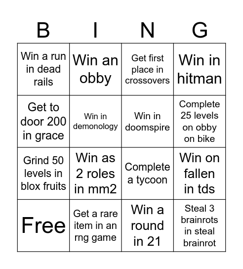 Roblox bingo Card