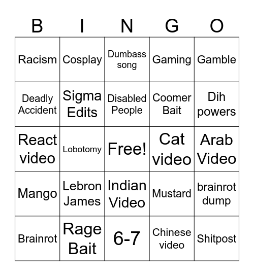 instagram reels brainrot Bingo Card