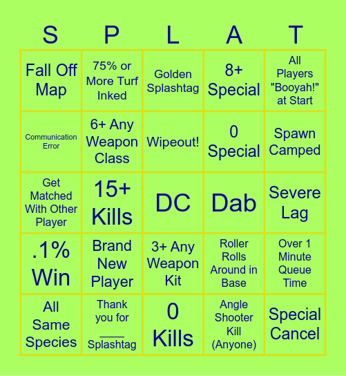 Splatoon 3 Turf War Bingo Card