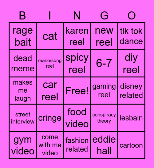Instagram reel bingo Card
