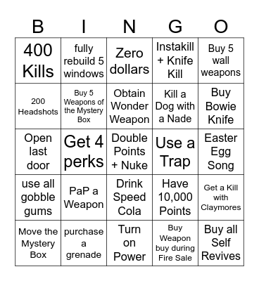 Cod Zombies Bingo Card