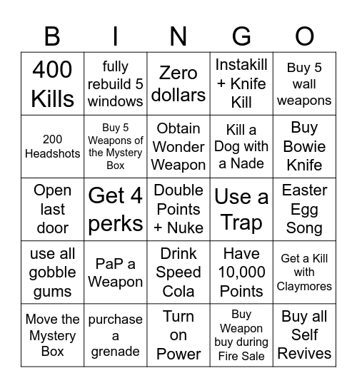 Cod Zombies Bingo Card