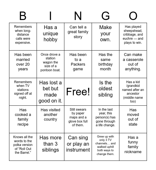 Family Reunion Bingo Card