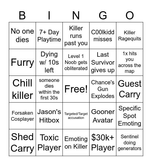 Forsaken Bingo Card