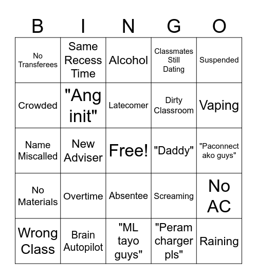 Opening Week Bingo Card