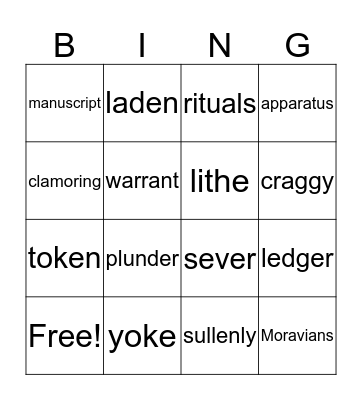 Reading Vocabulary Bingo Card