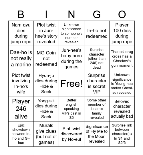 Squid Game 3 Bingo Card