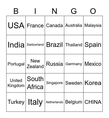 Country BINGO Card