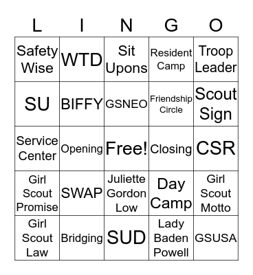 Girl Scout Lingo Bingo Card