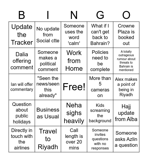 Office Call Bingo Card