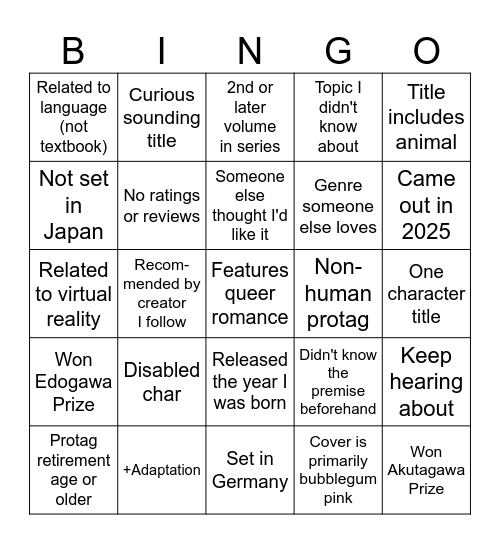2025 Reading Challenge Bingo Card