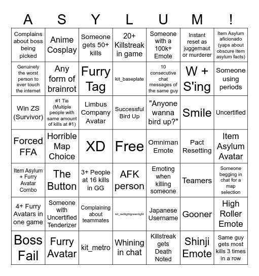 Item Asylum Public Server Bingo Card