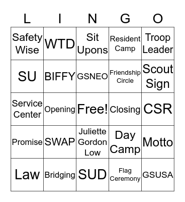 Girl Scout Lingo Bingo Card