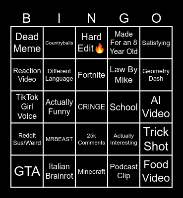 YouTube Shorts Bingo Card