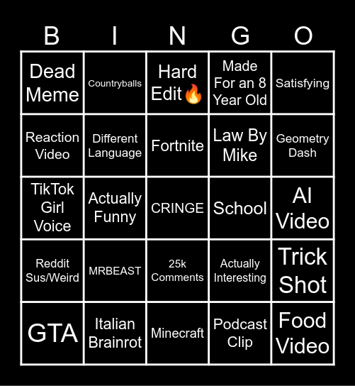 YouTube Shorts Bingo Card