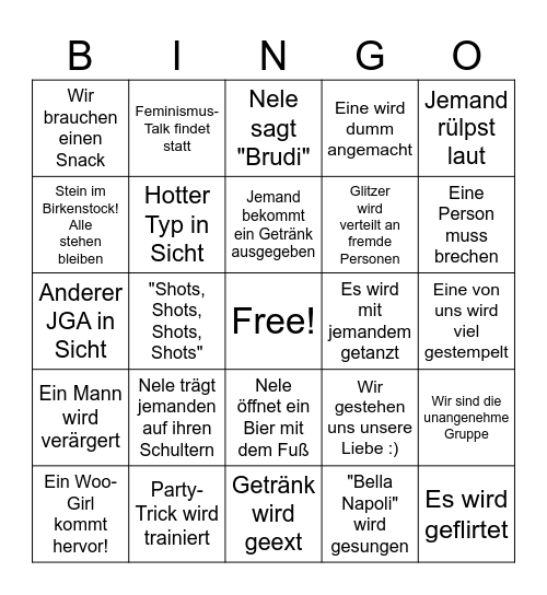 Neles Jungesellinnen-Feier-Feier Bingo Card