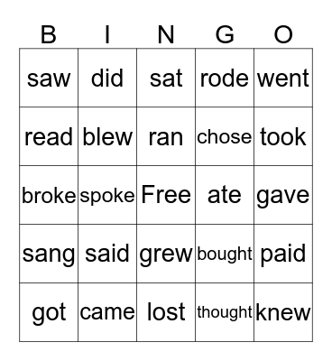 Irregular Verbs Bingo Card