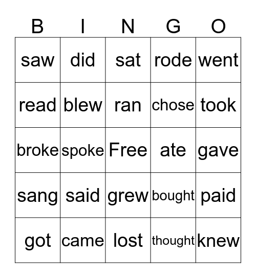 Irregular Verbs Bingo Card