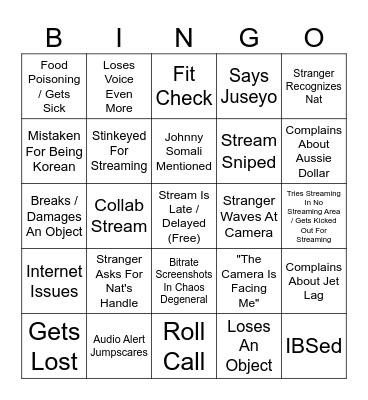 T10Nat Korea Trip Bingo Card