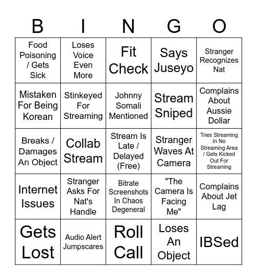 T10Nat Korea Trip Bingo Card