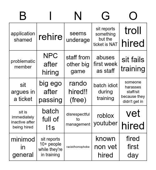 SIT BINGO!!!!! Bingo Card