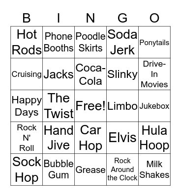Fifty's Sock Hop Bingo Card