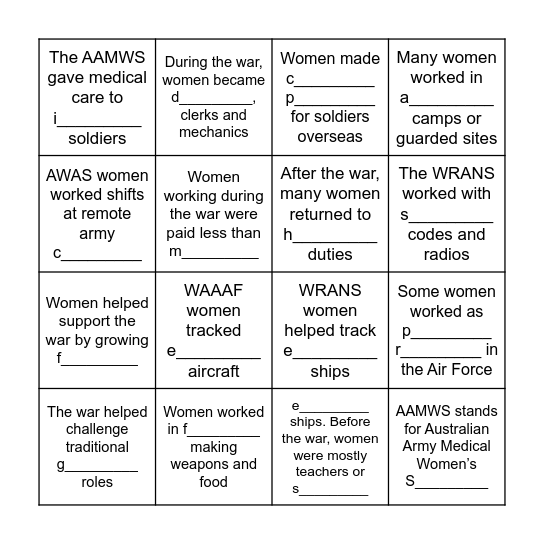 WWII WOMEN AT HOME Bingo Card