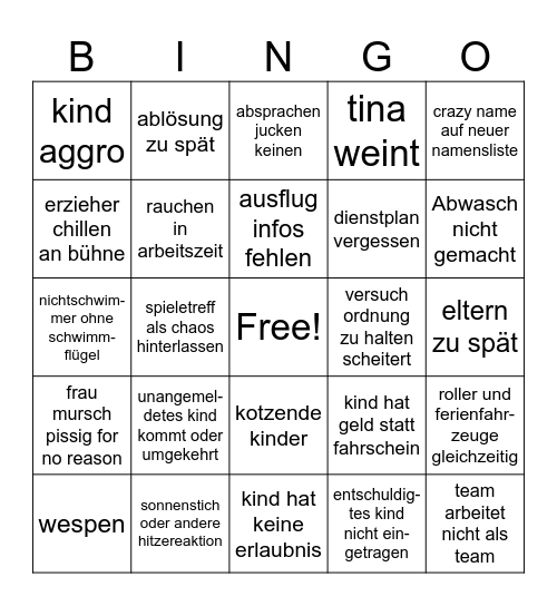 Ferien im Hort Bingo Card