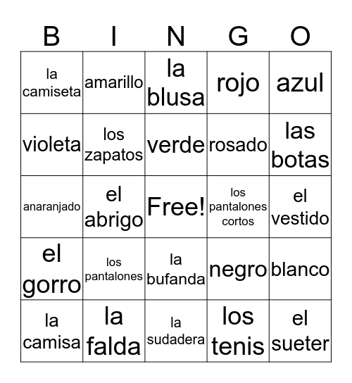 La Ropa Bingo Card