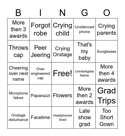 Graduation Bingo Card
