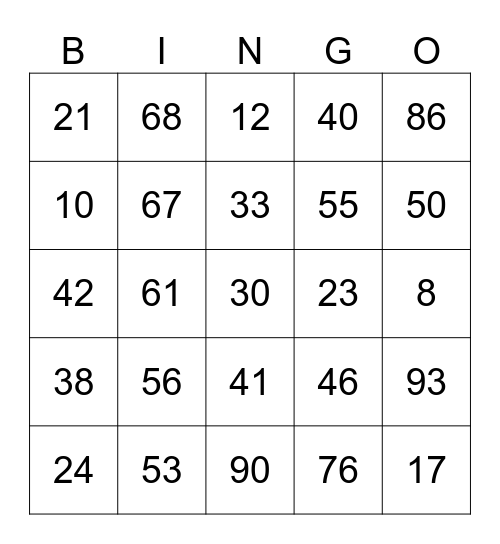 Addition within 100 Bingo Card