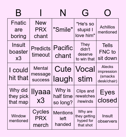 FNC x PRX BP Bingo Card