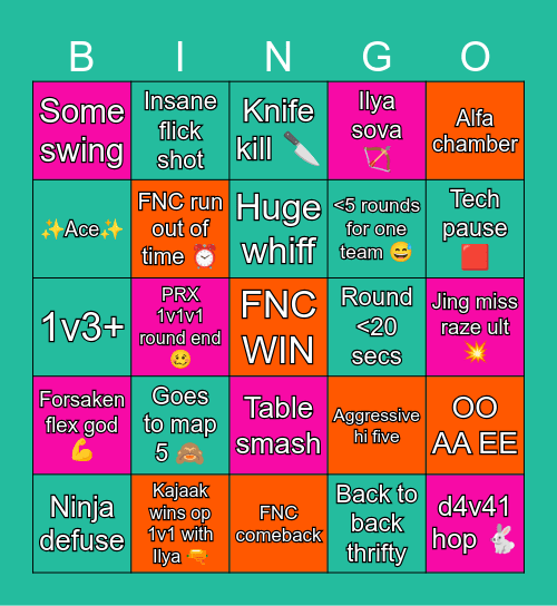 FNC x PRX Bingo Card