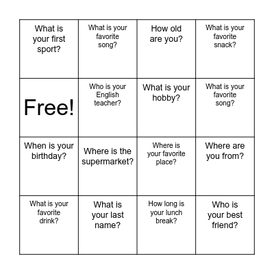QUESTION CARD Bingo Card