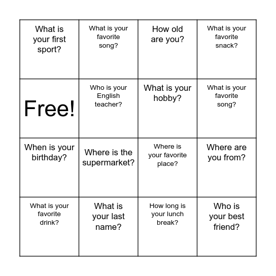 QUESTION CARD Bingo Card